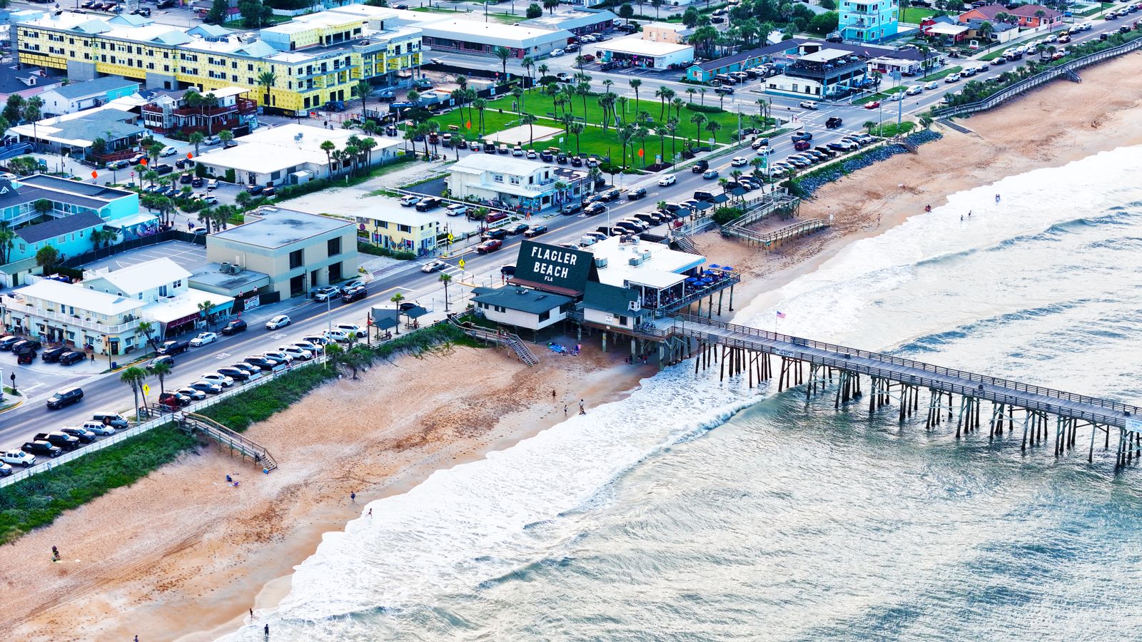 Aerial view of the Flagler Beach, FL pier and coastline